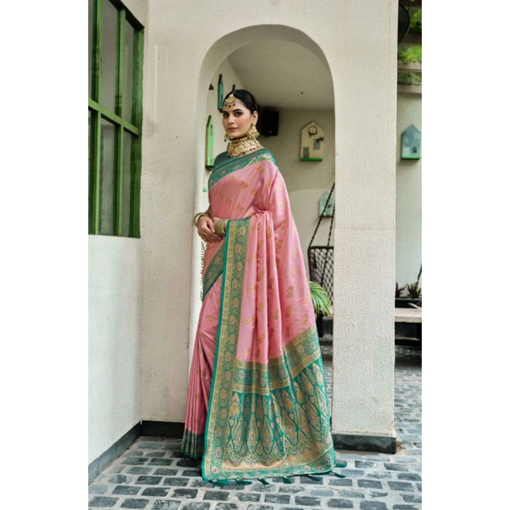 Amfyn Women's Silk Blend Booti Work Ready to wear Saree With Unstitched Blouse 5.5Mtr (Peach)