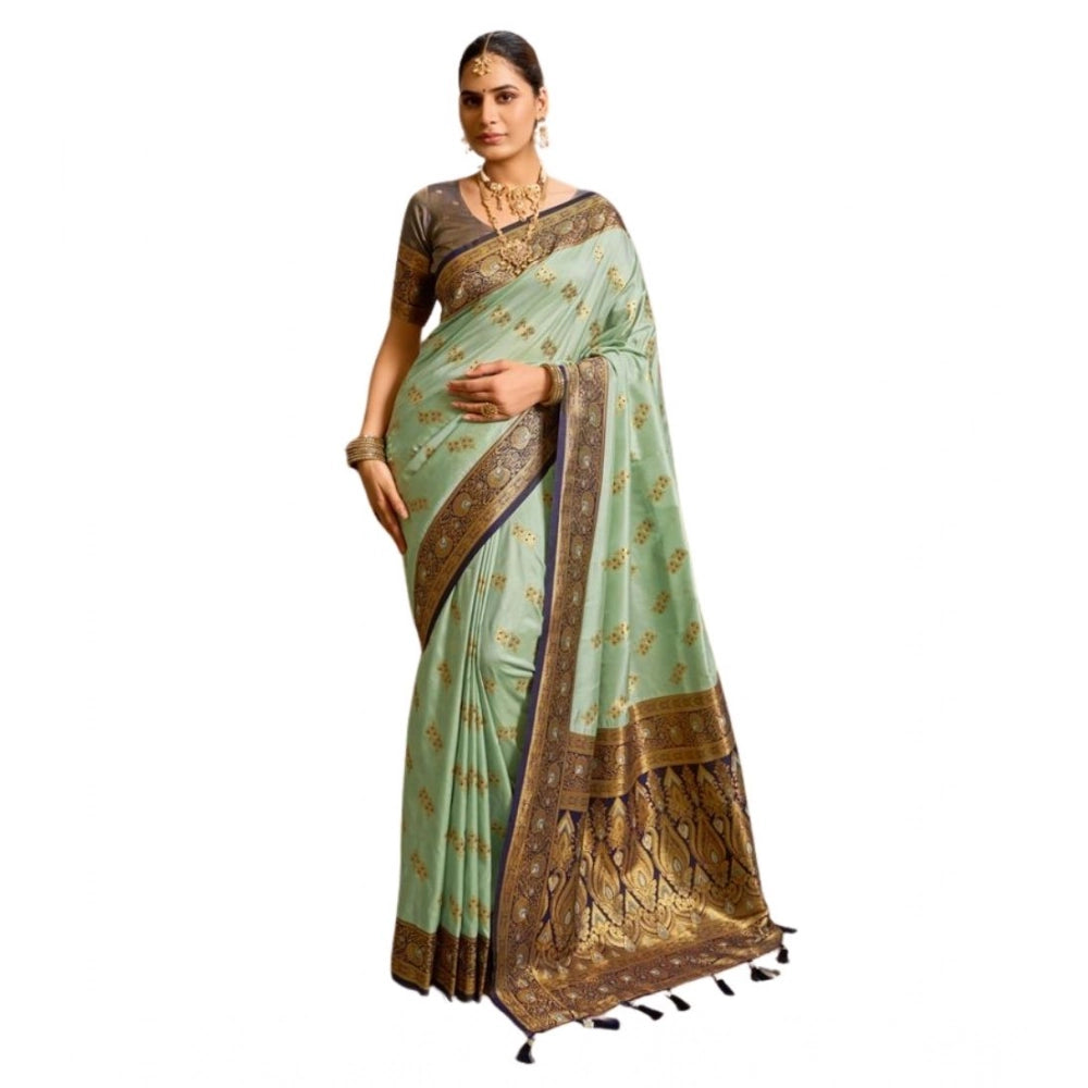 Amfyn Women's Silk Blend Booti Work Ready to wear Saree With Unstitched Blouse 5.5Mtr (SeaGreen)