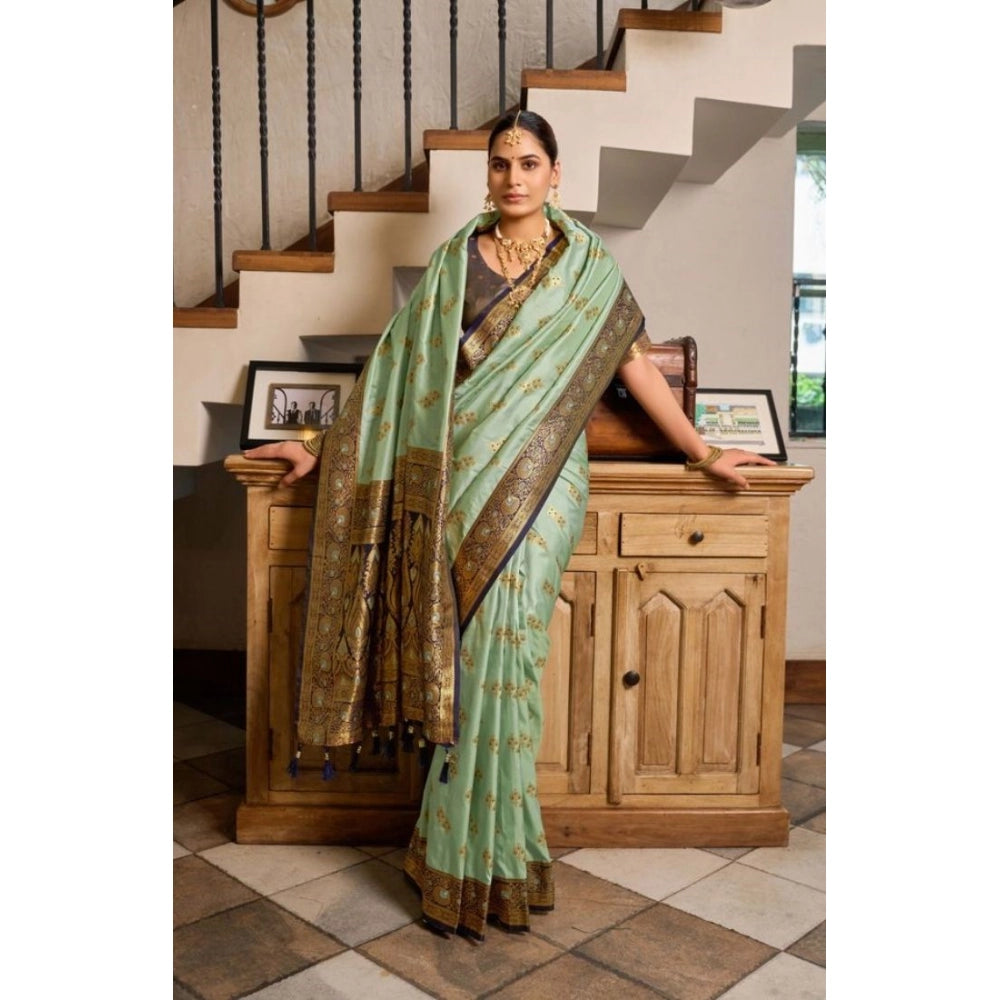 Amfyn Women's Silk Blend Booti Work Ready to wear Saree With Unstitched Blouse 5.5Mtr (SeaGreen)