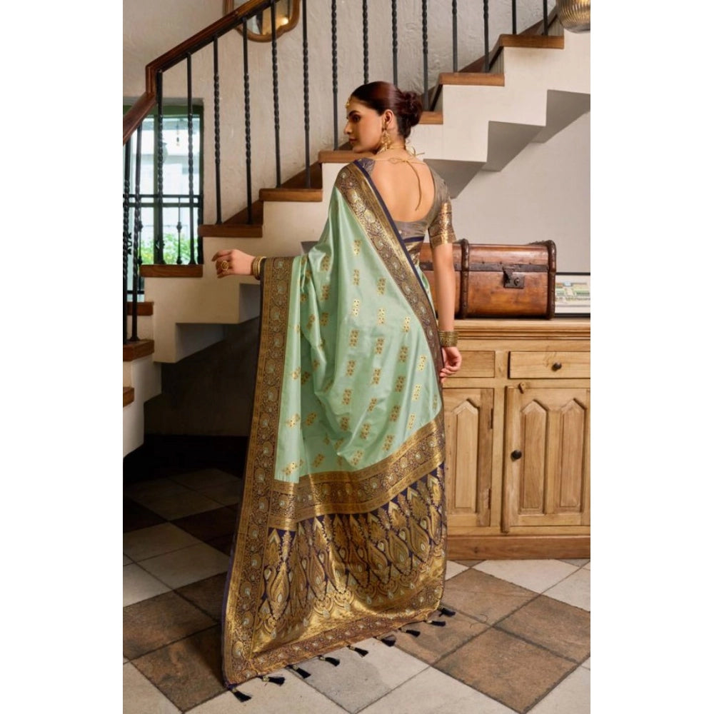 Amfyn Women's Silk Blend Booti Work Ready to wear Saree With Unstitched Blouse 5.5Mtr (SeaGreen)