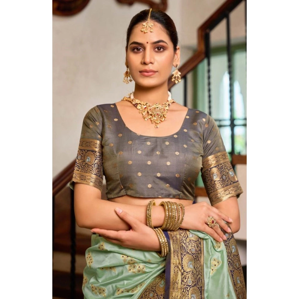Amfyn Women's Silk Blend Booti Work Ready to wear Saree With Unstitched Blouse 5.5Mtr (SeaGreen)