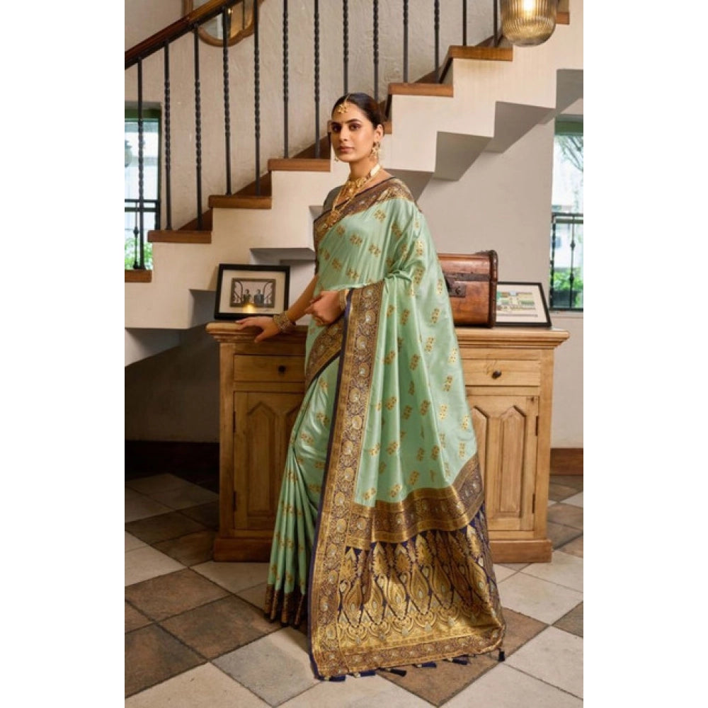 Amfyn Women's Silk Blend Booti Work Ready to wear Saree With Unstitched Blouse 5.5Mtr (SeaGreen)