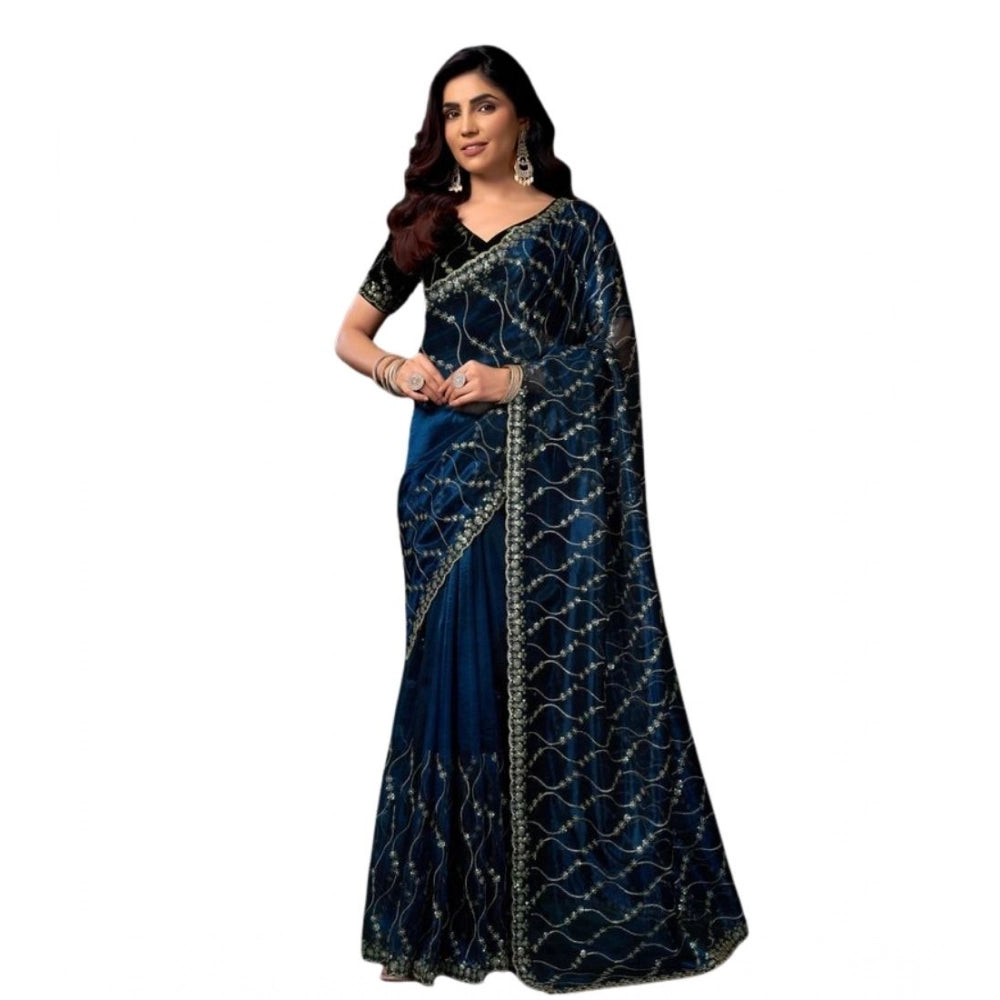 Amfyn Women's Net Sequence Saree With Unstitched Blouse 5.5Mtr (Blue)