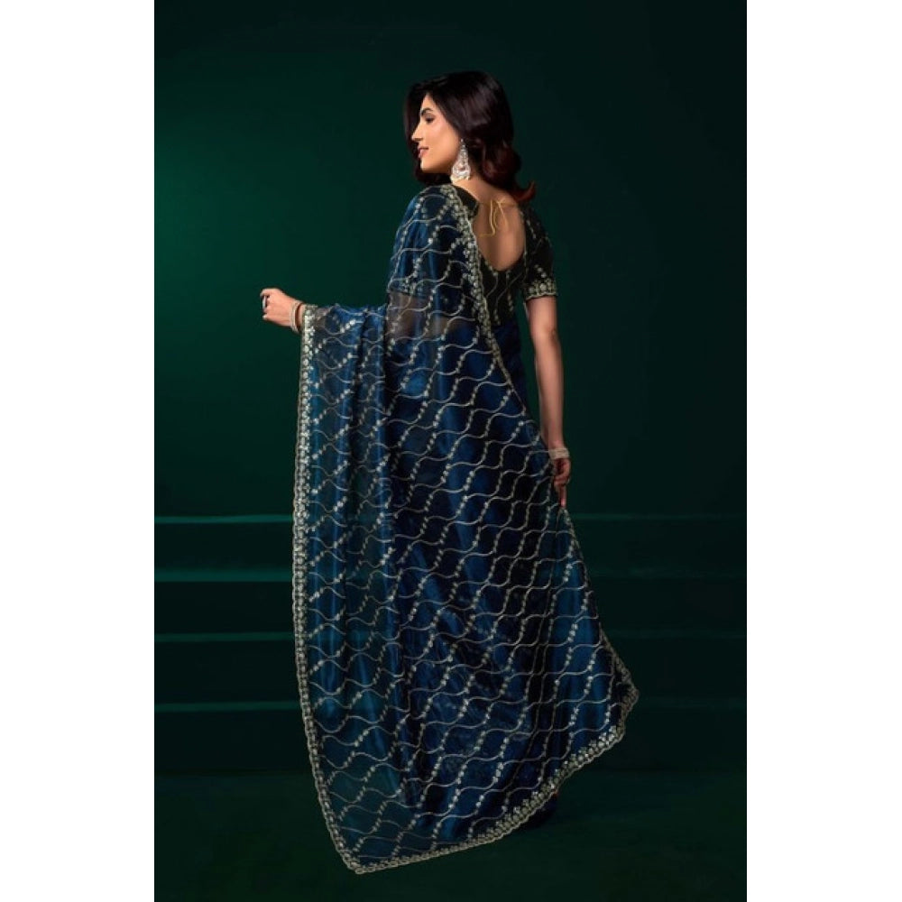 Amfyn Women's Net Sequence Saree With Unstitched Blouse 5.5Mtr (Blue)