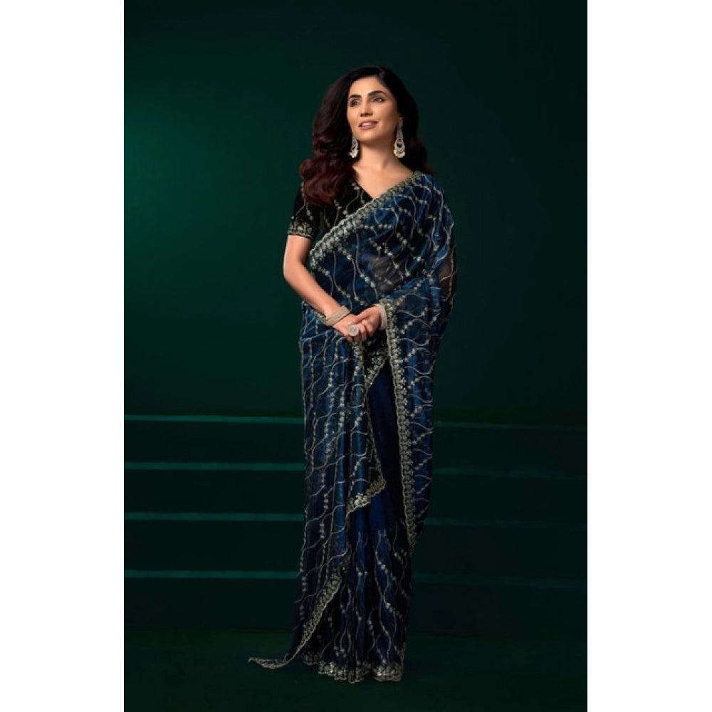 Amfyn Women's Net Sequence Saree With Unstitched Blouse 5.5Mtr (Blue)