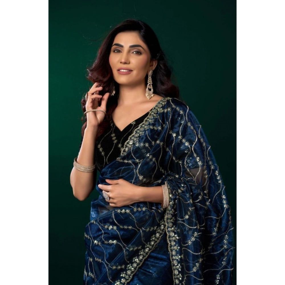 Amfyn Women's Net Sequence Saree With Unstitched Blouse 5.5Mtr (Blue)