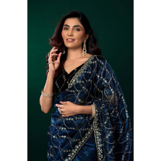 Amfyn Women's Net Sequence Saree With Unstitched Blouse 5.5Mtr (Blue)