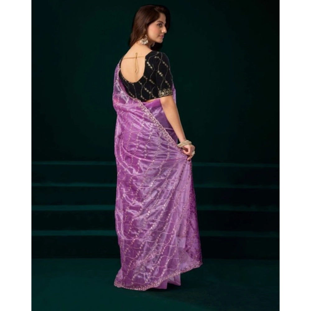 Amfyn Women's Net Sequence Saree With Unstitched Blouse 5.5Mtr (Lavender)