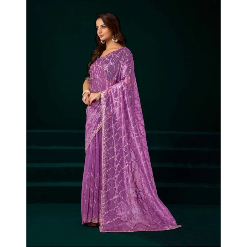 Amfyn Women's Net Sequence Saree With Unstitched Blouse 5.5Mtr (Lavender)