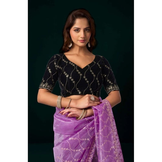 Amfyn Women's Net Sequence Saree With Unstitched Blouse 5.5Mtr (Lavender)