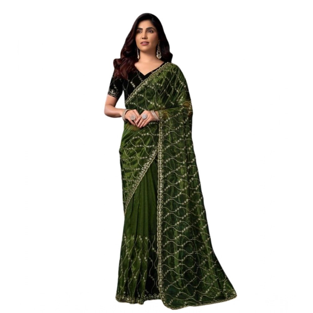 Amfyn Women's Net Sequence Saree With Unstitched Blouse 5.5Mtr (Light Green)
