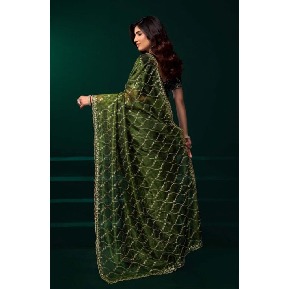 Amfyn Women's Net Sequence Saree With Unstitched Blouse 5.5Mtr (Light Green)