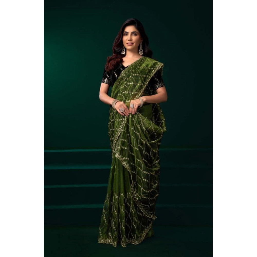 Amfyn Women's Net Sequence Saree With Unstitched Blouse 5.5Mtr (Light Green)