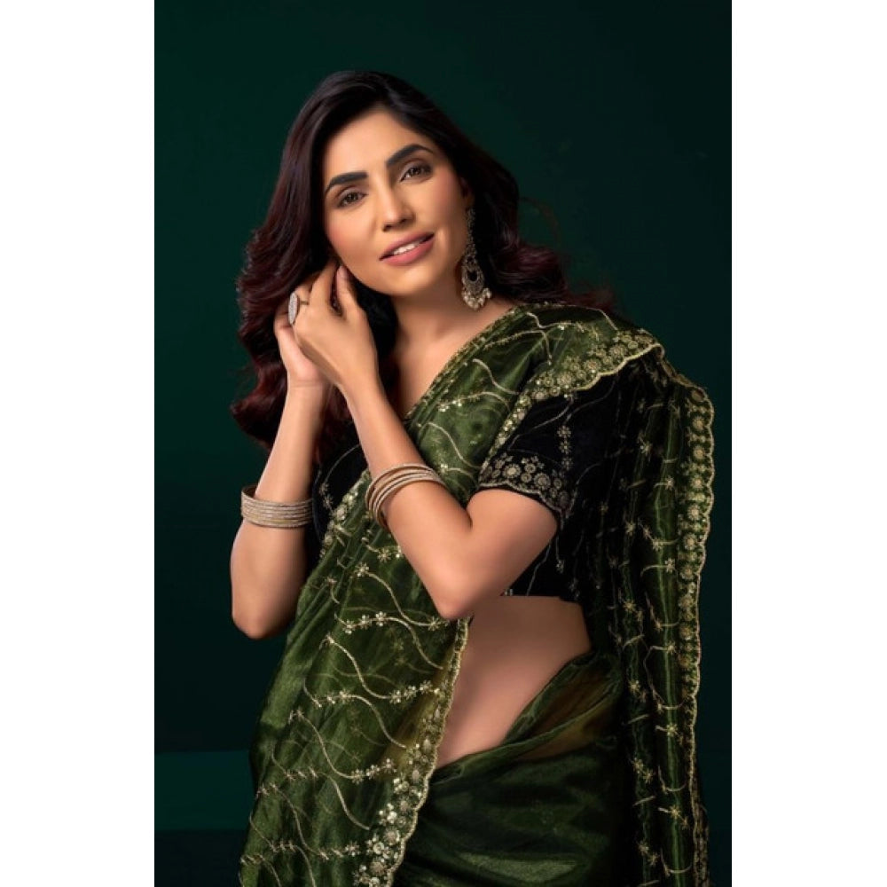 Amfyn Women's Net Sequence Saree With Unstitched Blouse 5.5Mtr (Light Green)