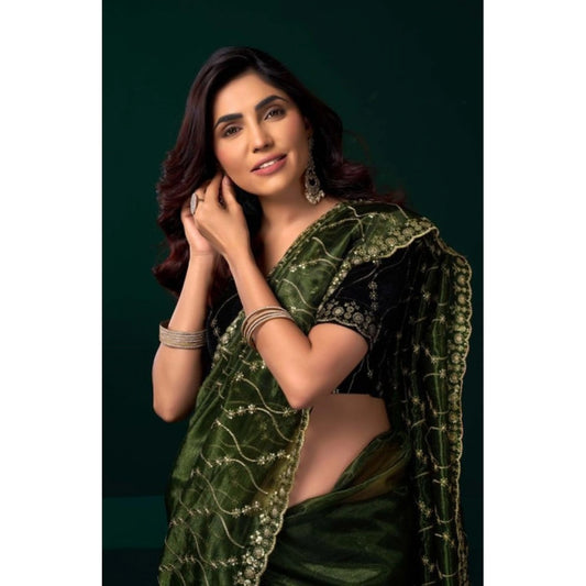 Amfyn Women's Net Sequence Saree With Unstitched Blouse 5.5Mtr (Light Green)