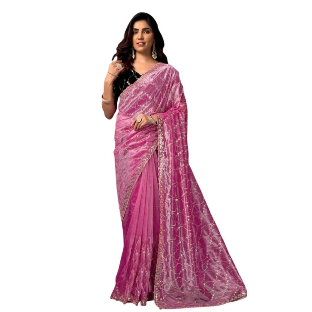 Amfyn Women's Net Sequence Saree With Unstitched Blouse 5.5Mtr (Light Pink)