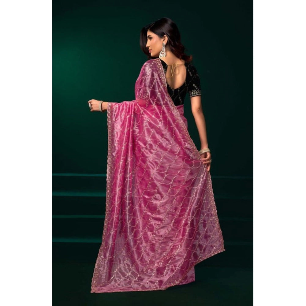 Amfyn Women's Net Sequence Saree With Unstitched Blouse 5.5Mtr (Light Pink)