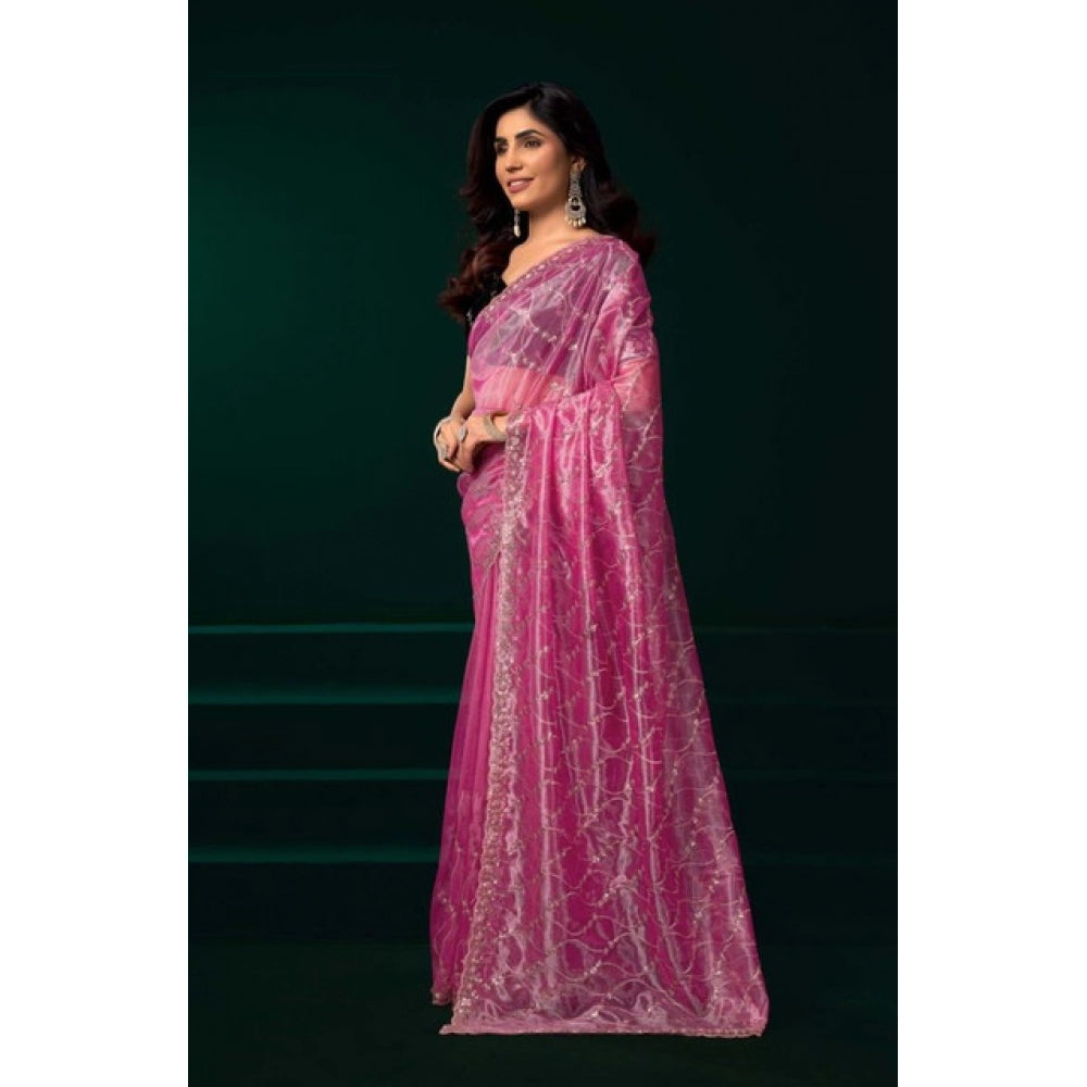 Amfyn Women's Net Sequence Saree With Unstitched Blouse 5.5Mtr (Light Pink)