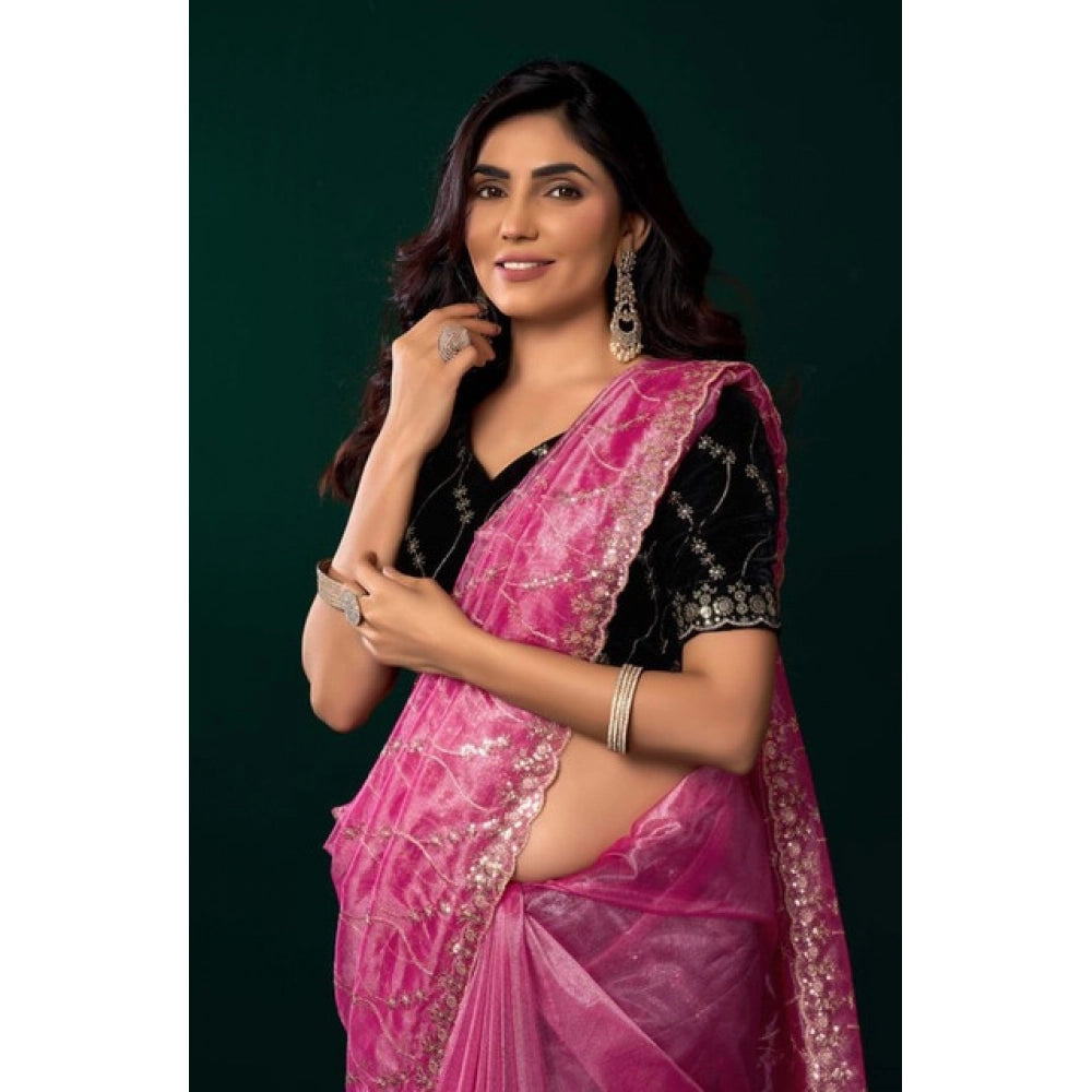 Amfyn Women's Net Sequence Saree With Unstitched Blouse 5.5Mtr (Light Pink)