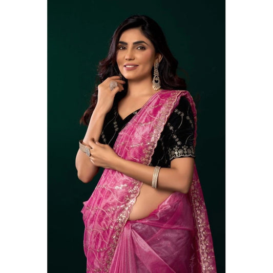 Amfyn Women's Net Sequence Saree With Unstitched Blouse 5.5Mtr (Light Pink)