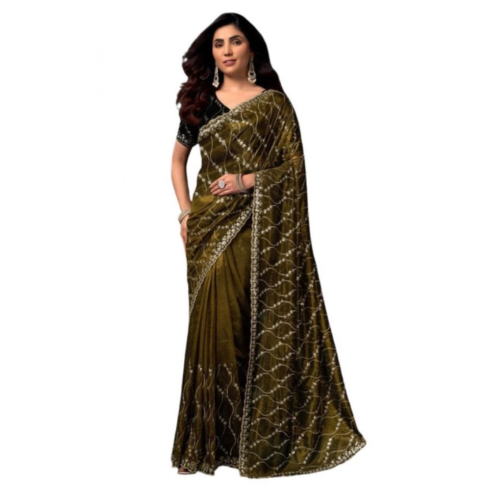 Amfyn Women's Net Sequence Saree With Unstitched Blouse 5.5Mtr (Mahendi)