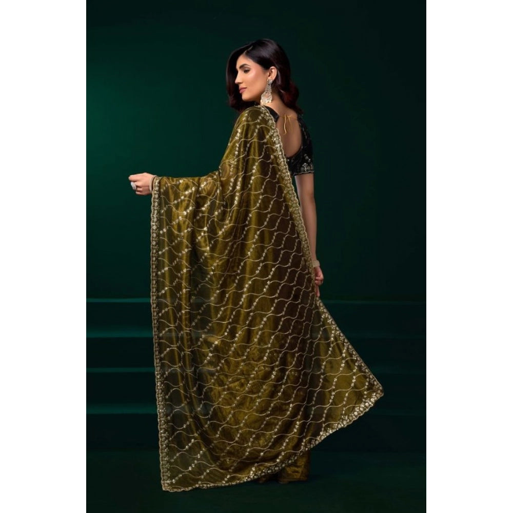 Amfyn Women's Net Sequence Saree With Unstitched Blouse 5.5Mtr (Mahendi)