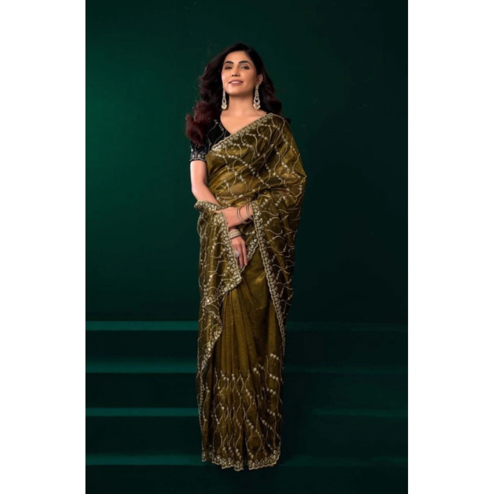 Amfyn Women's Net Sequence Saree With Unstitched Blouse 5.5Mtr (Mahendi)