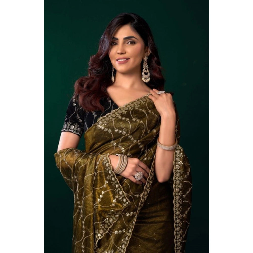 Amfyn Women's Net Sequence Saree With Unstitched Blouse 5.5Mtr (Mahendi)