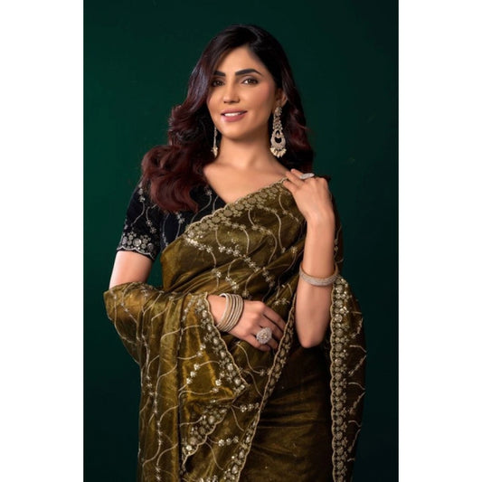Amfyn Women's Net Sequence Saree With Unstitched Blouse 5.5Mtr (Mahendi)