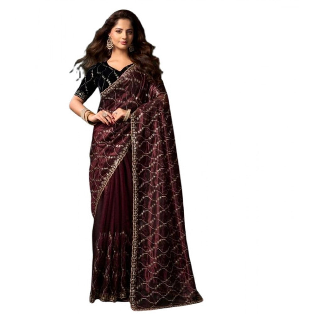 Amfyn Women's Net Sequence Saree With Unstitched Blouse 5.5Mtr (Maroon)