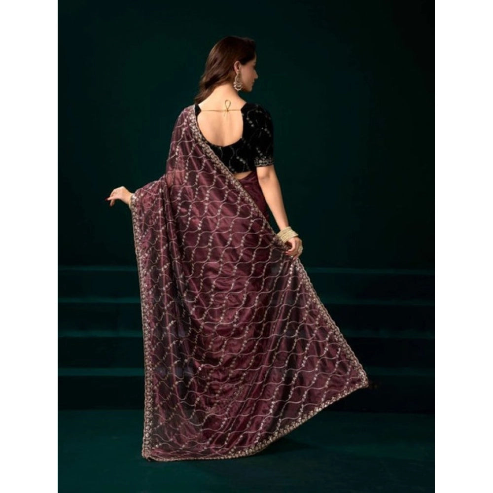 Amfyn Women's Net Sequence Saree With Unstitched Blouse 5.5Mtr (Maroon)