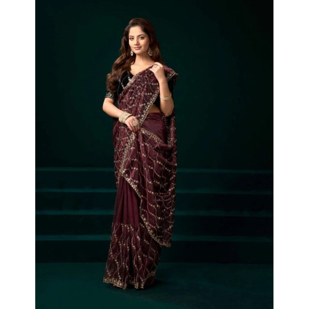 Amfyn Women's Net Sequence Saree With Unstitched Blouse 5.5Mtr (Maroon)
