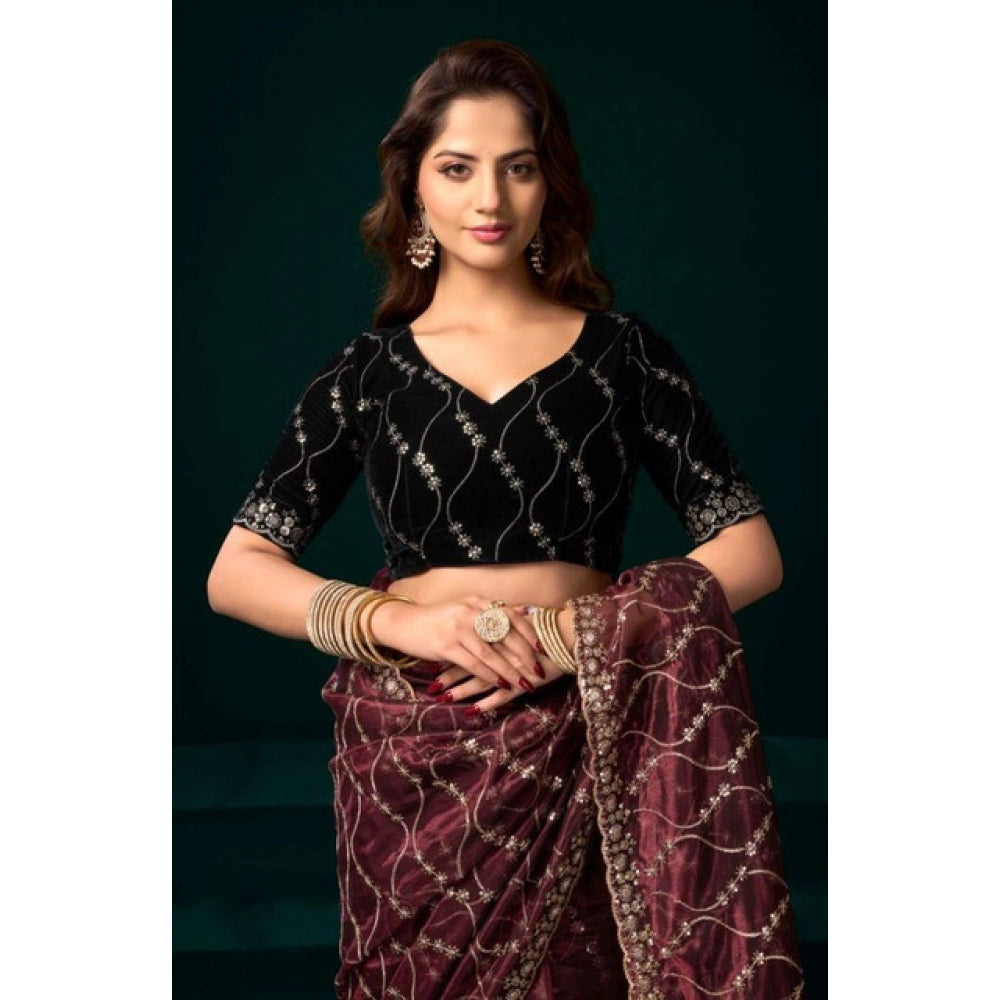 Amfyn Women's Net Sequence Saree With Unstitched Blouse 5.5Mtr (Maroon)
