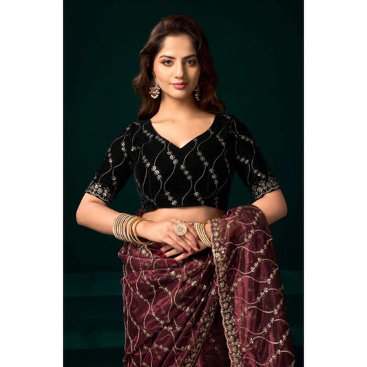 Amfyn Women's Net Sequence Saree With Unstitched Blouse 5.5Mtr (Maroon)