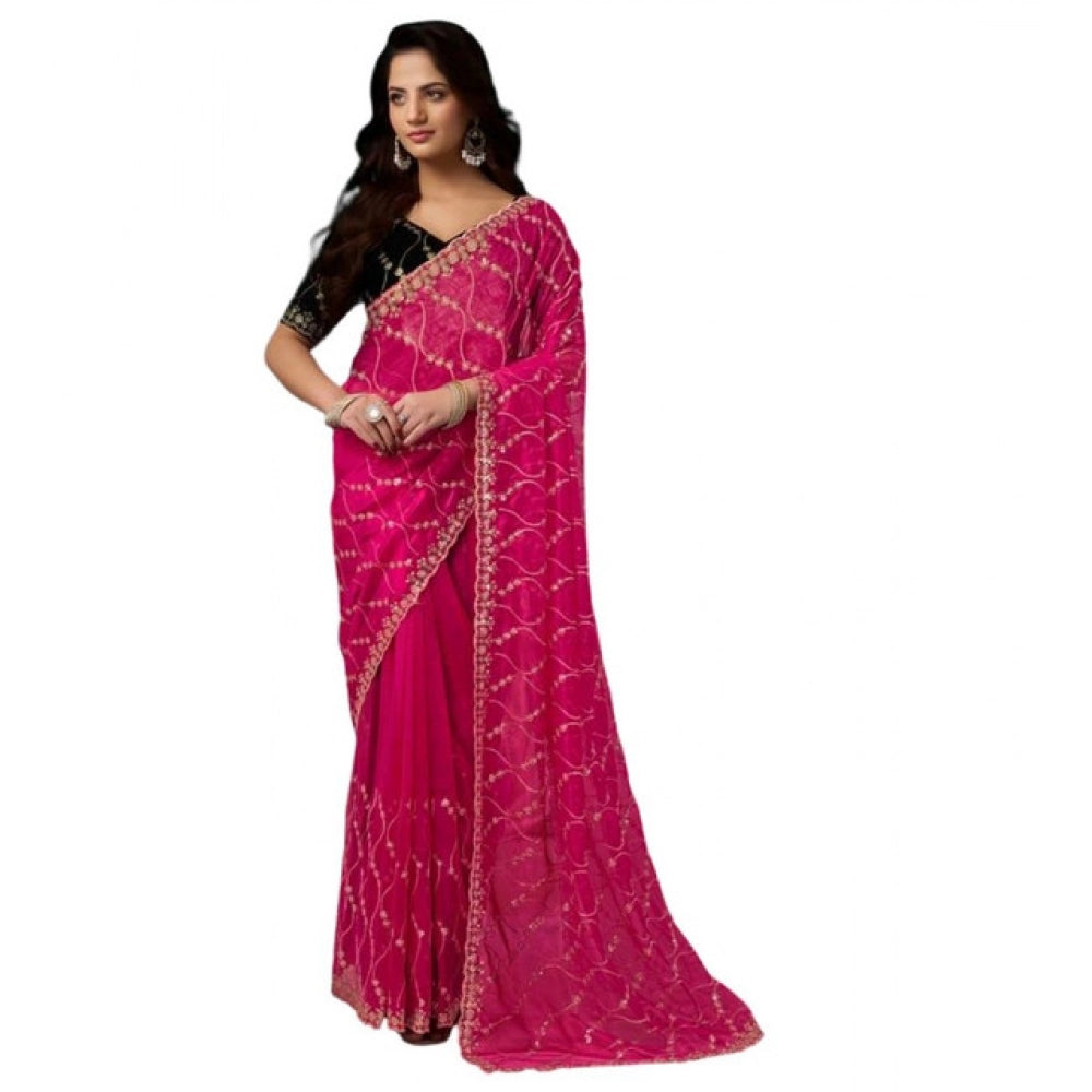 Amfyn Women's Net Sequence Saree With Unstitched Blouse 5.5Mtr (Pink)