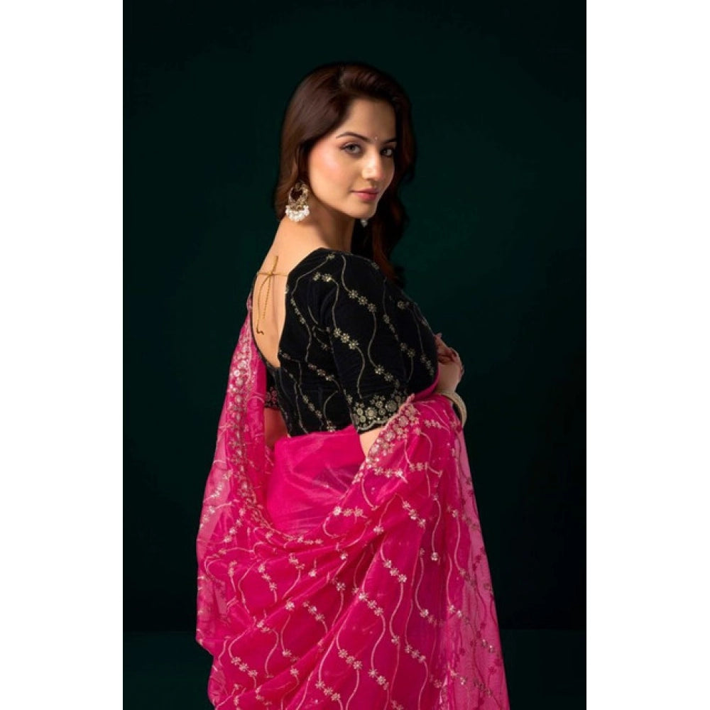 Amfyn Women's Net Sequence Saree With Unstitched Blouse 5.5Mtr (Pink)