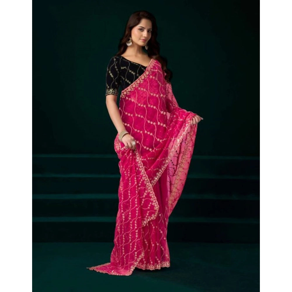 Amfyn Women's Net Sequence Saree With Unstitched Blouse 5.5Mtr (Pink)