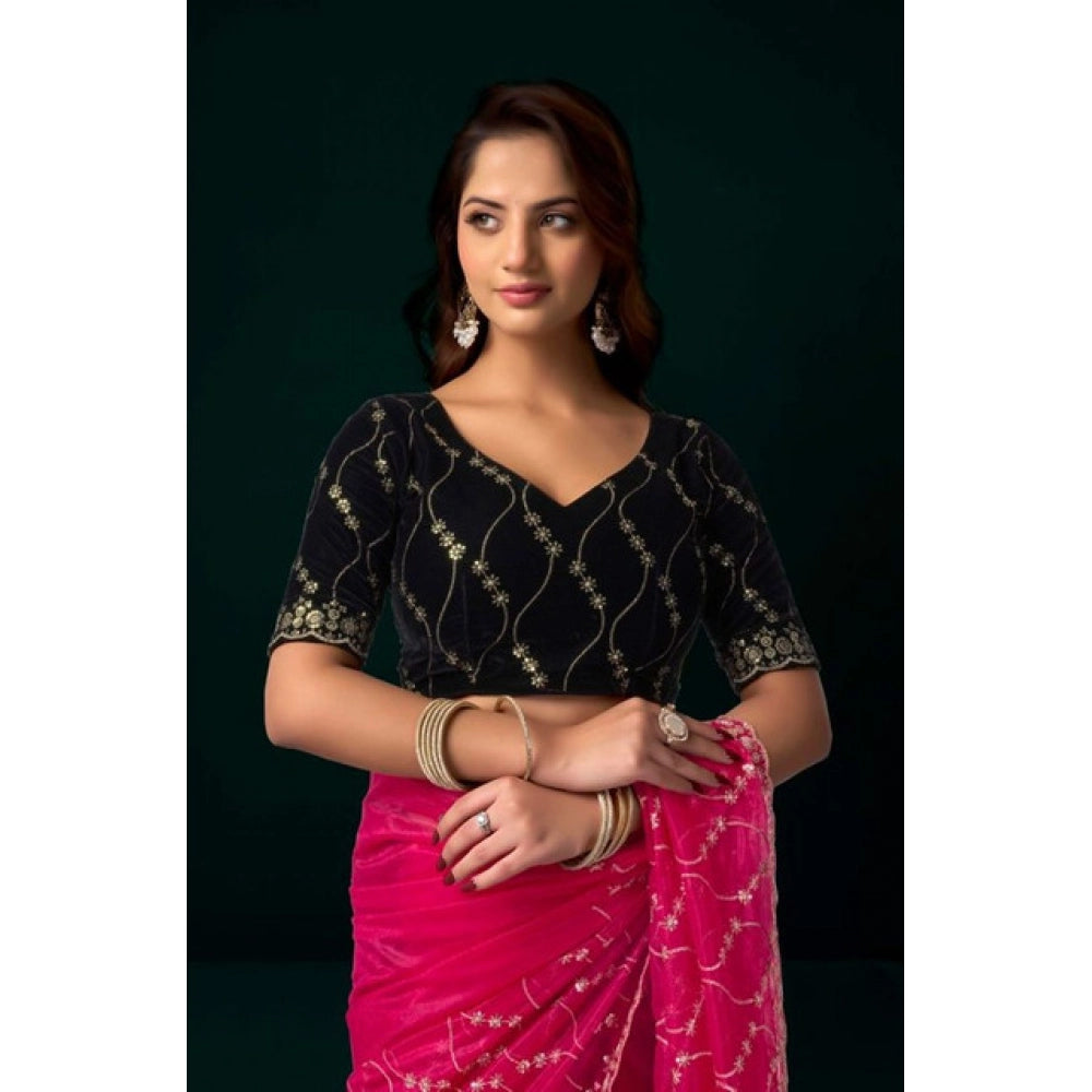 Amfyn Women's Net Sequence Saree With Unstitched Blouse 5.5Mtr (Pink)