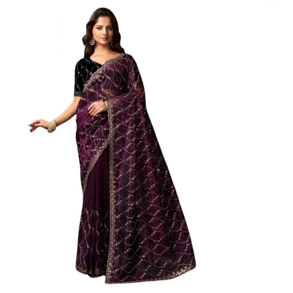 Amfyn Women's Net Sequence Saree With Unstitched Blouse 5.5Mtr (Purple)