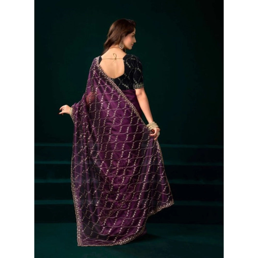 Amfyn Women's Net Sequence Saree With Unstitched Blouse 5.5Mtr (Purple)
