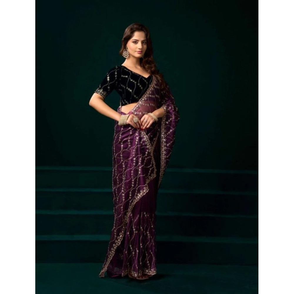 Amfyn Women's Net Sequence Saree With Unstitched Blouse 5.5Mtr (Purple)