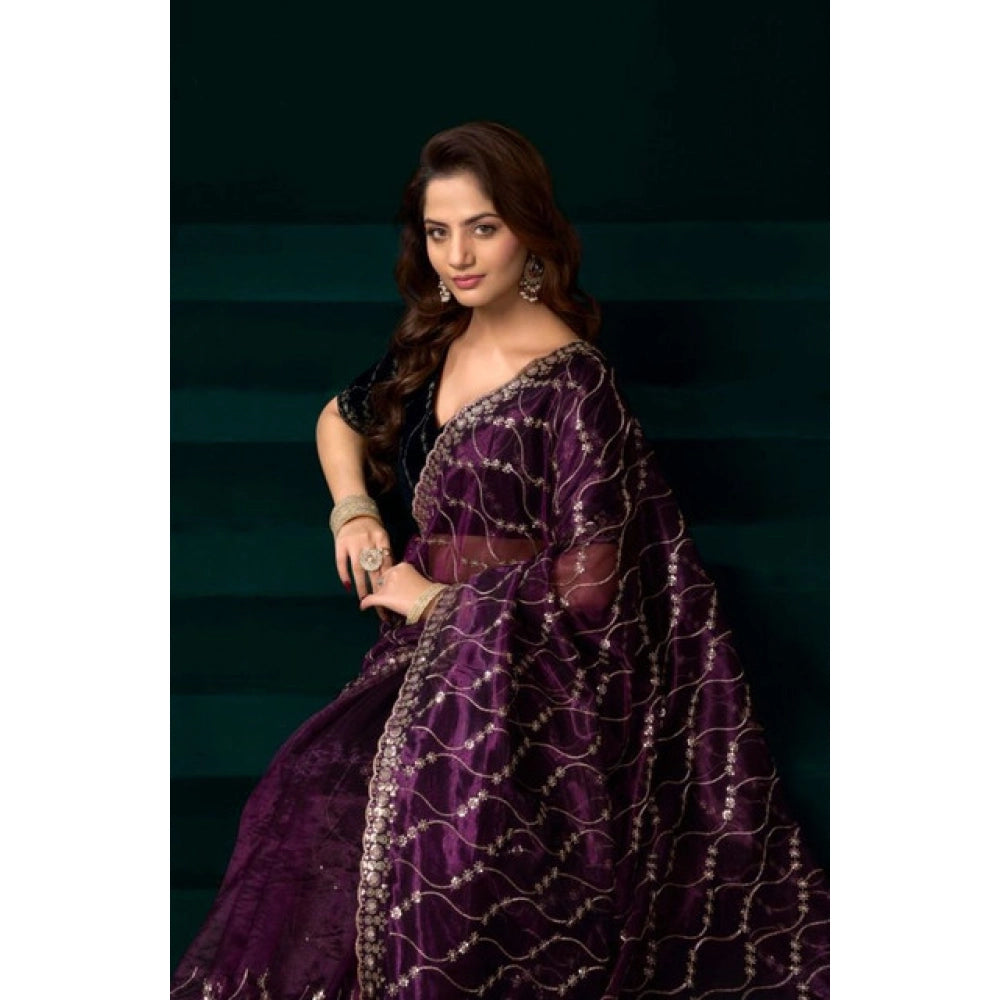 Amfyn Women's Net Sequence Saree With Unstitched Blouse 5.5Mtr (Purple)