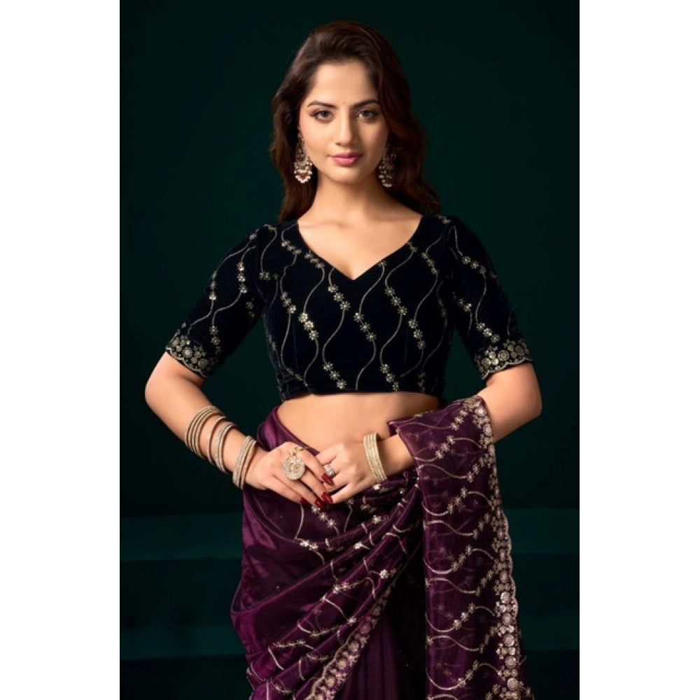 Amfyn Women's Net Sequence Saree With Unstitched Blouse 5.5Mtr (Purple)