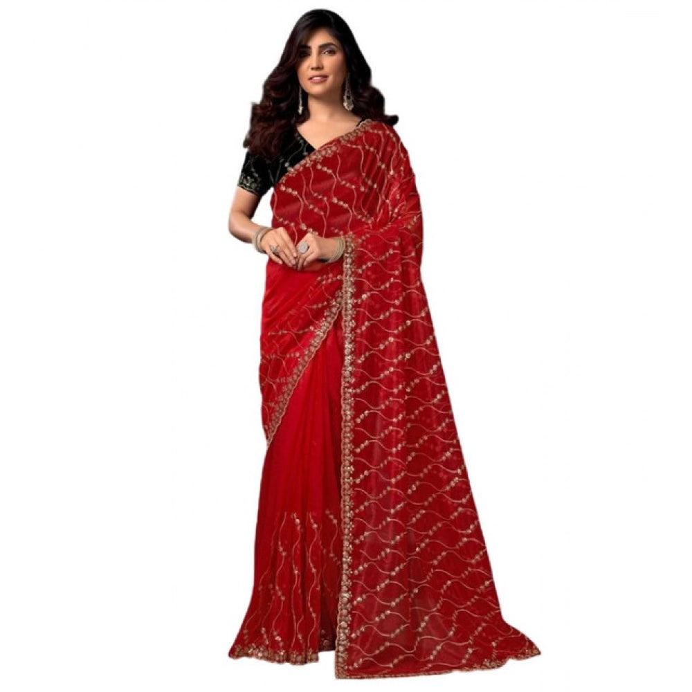 Amfyn Women's Net Sequence Saree With Unstitched Blouse 5.5Mtr (Red)