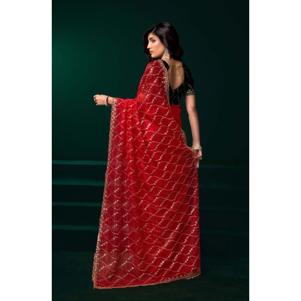 Amfyn Women's Net Sequence Saree With Unstitched Blouse 5.5Mtr (Red)