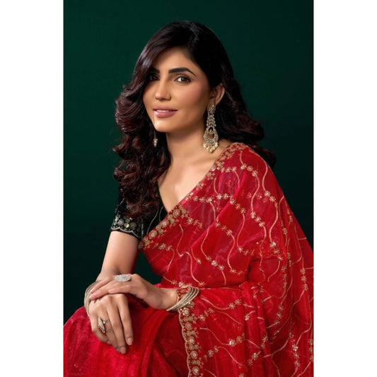 Amfyn Women's Net Sequence Saree With Unstitched Blouse 5.5Mtr (Red)