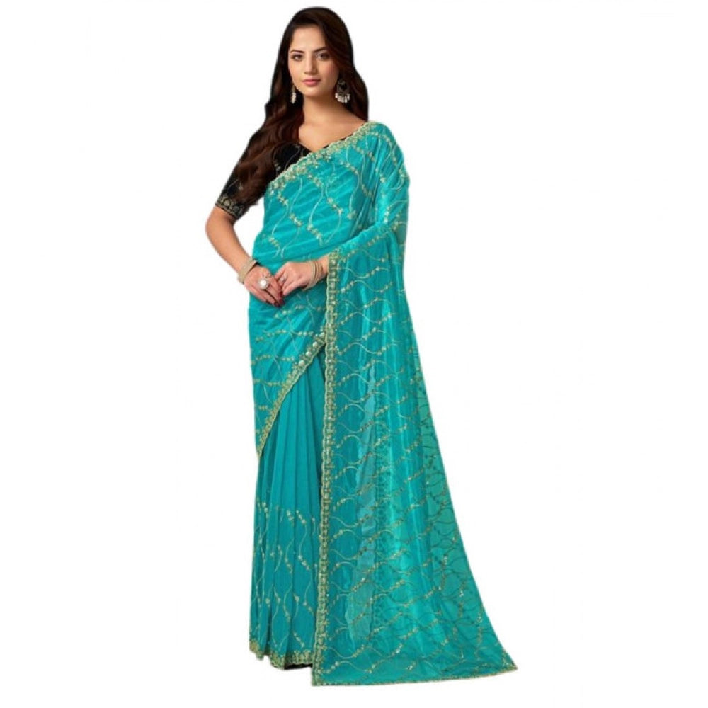 Amfyn Women's Net Sequence Saree With Unstitched Blouse 5.5Mtr (Turquoise)
