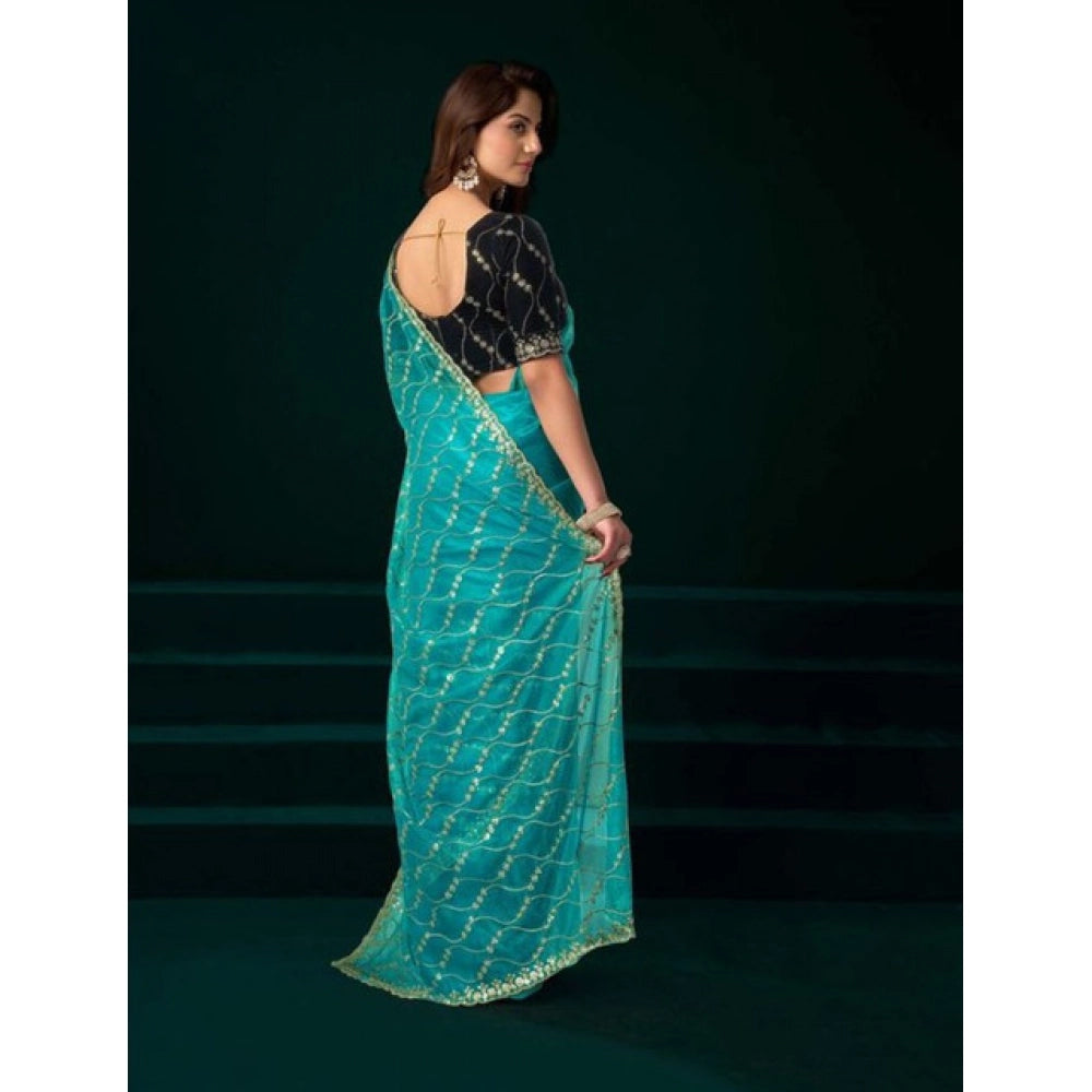 Amfyn Women's Net Sequence Saree With Unstitched Blouse 5.5Mtr (Turquoise)