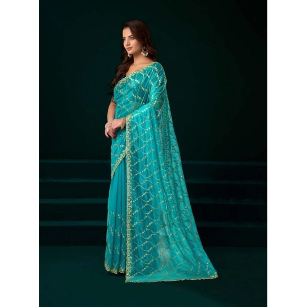Amfyn Women's Net Sequence Saree With Unstitched Blouse 5.5Mtr (Turquoise)