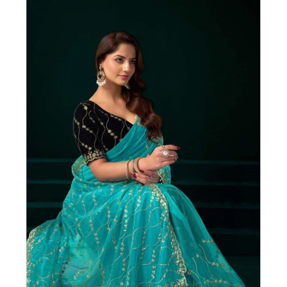 Amfyn Women's Net Sequence Saree With Unstitched Blouse 5.5Mtr (Turquoise)